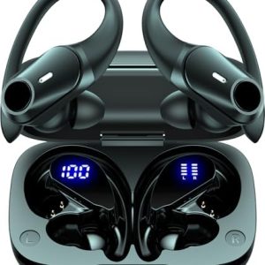 GOLREX Active Noise Cancelling Ear Buds Wireless Earbuds Bluetooth Headphones with 80H Playtime LED Display Wireless Charging Case, Over-Ear Hooks Earbud for Sports Running Gym Workout Black