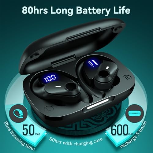 GOLREX Active Noise Cancelling Ear Buds Wireless Earbuds Bluetooth Headphones with 80H Playtime LED Display Wireless Charging Case, Over-Ear Hooks Earbud for Sports Running Gym Workout Black - Image 3