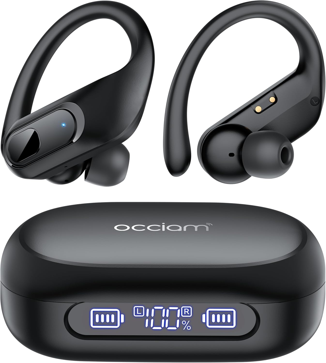 occiam Active Noise Cancelling Ear Buds Wireless Earbuds Bluetooth Headphones 96Hrs Playback LED Display Over-Ear Waterproof Earphones with Earhooks Mics Clear Call for Sport/Running/Workout Black - Image 9